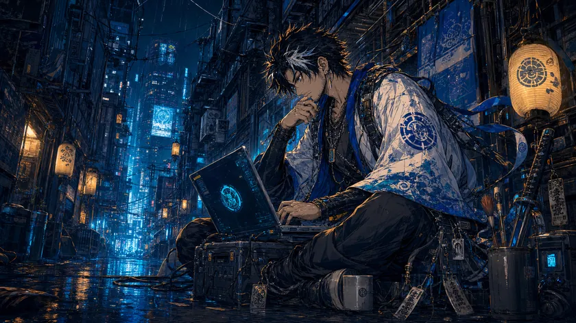路地裏で端末を確認しながら次の攻略を考えるAI時代の冒険者